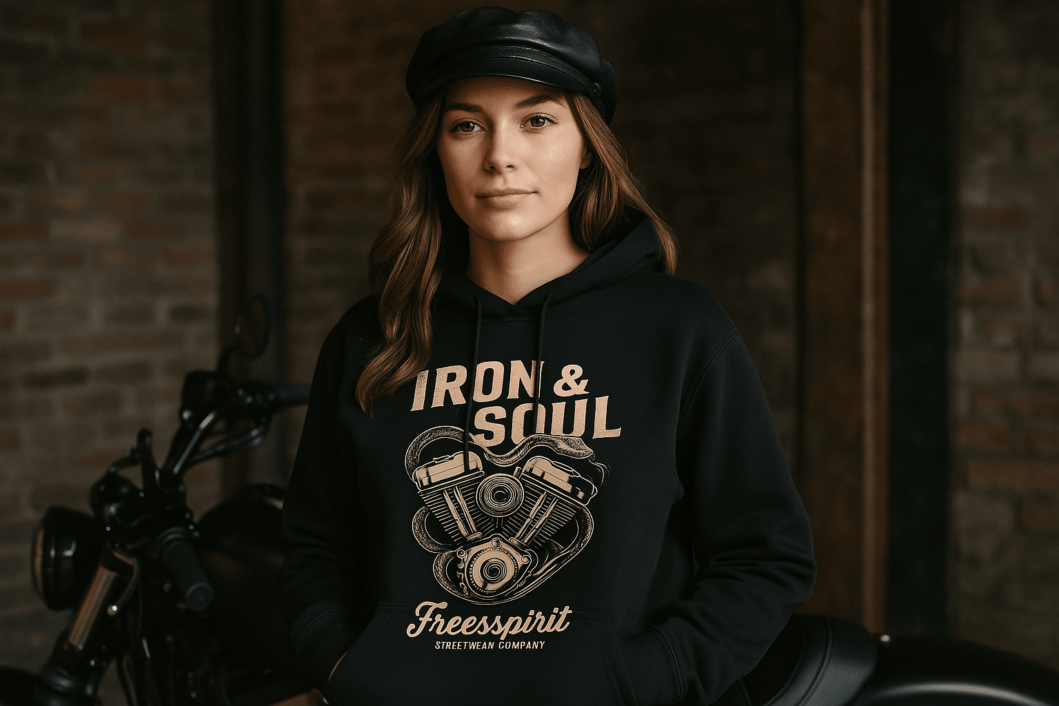 Person wearing hoodie with motorcycle design.